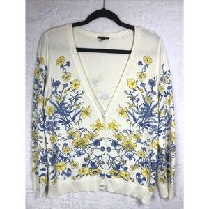 Talbots Plus Cardigan Sweater Ivory w/Blue White Floral Size X